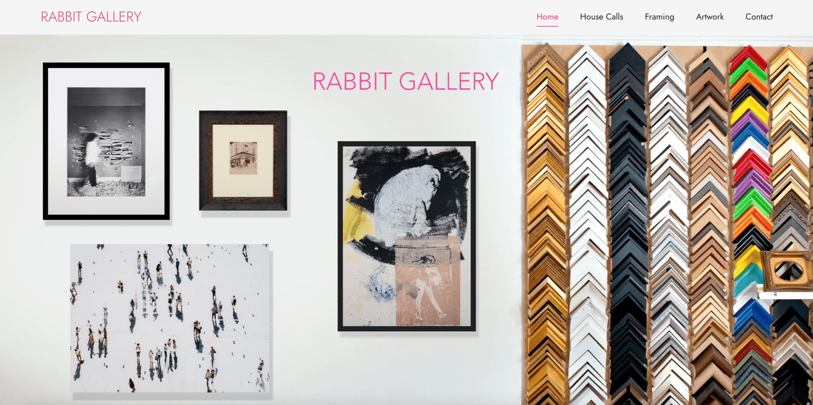 A webpage layout from Rabbit Gallery displaying framed artwork on the left and various styles of picture frames on the right, emphasizing website design. Elevate Web website designer toronto