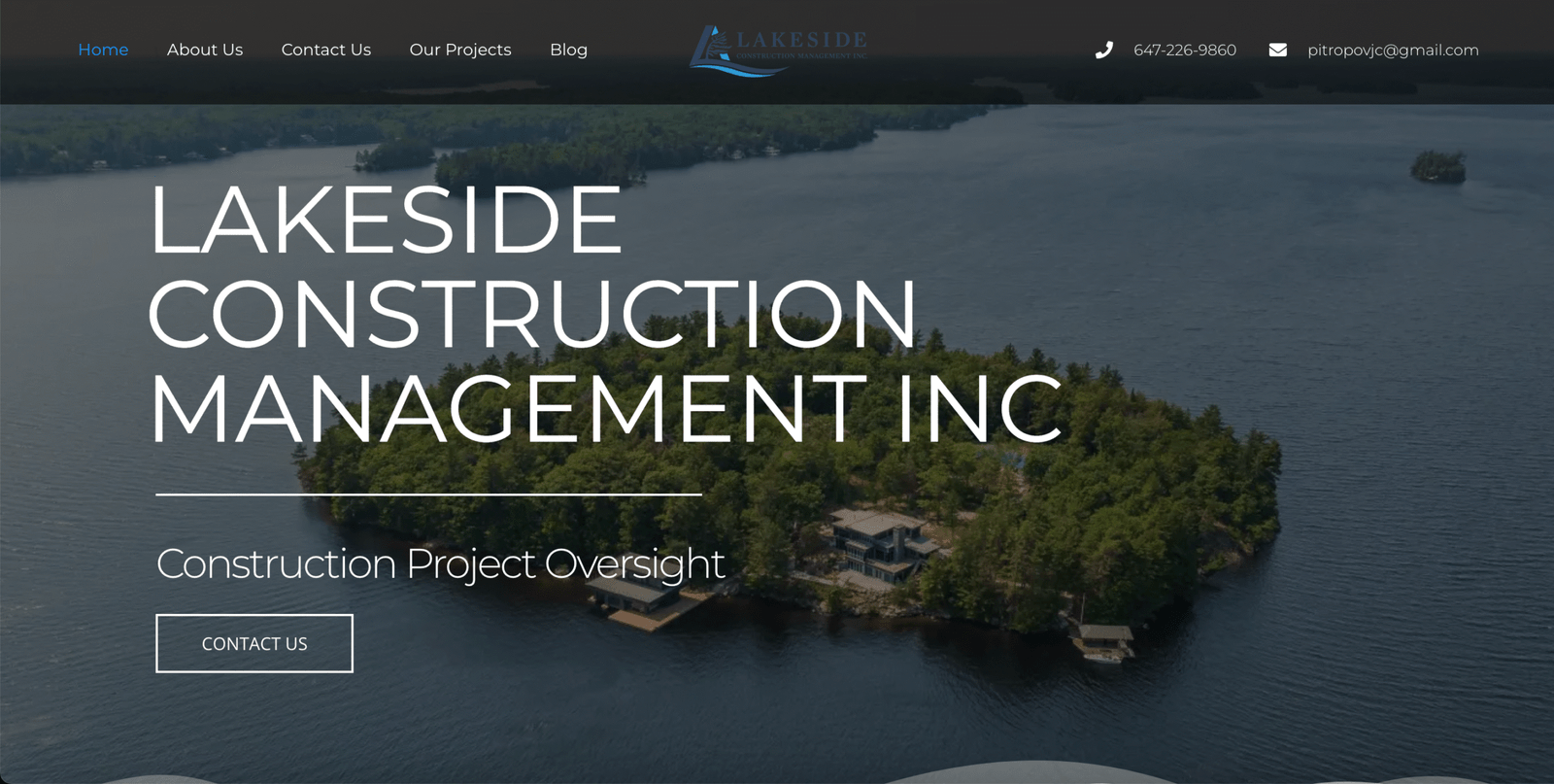 A website header for Lakeside Construction Management Inc. featuring a serene lakeside view with trees and a house, accompanied by the company name and links for navigation. Elevate Web website designer toronto