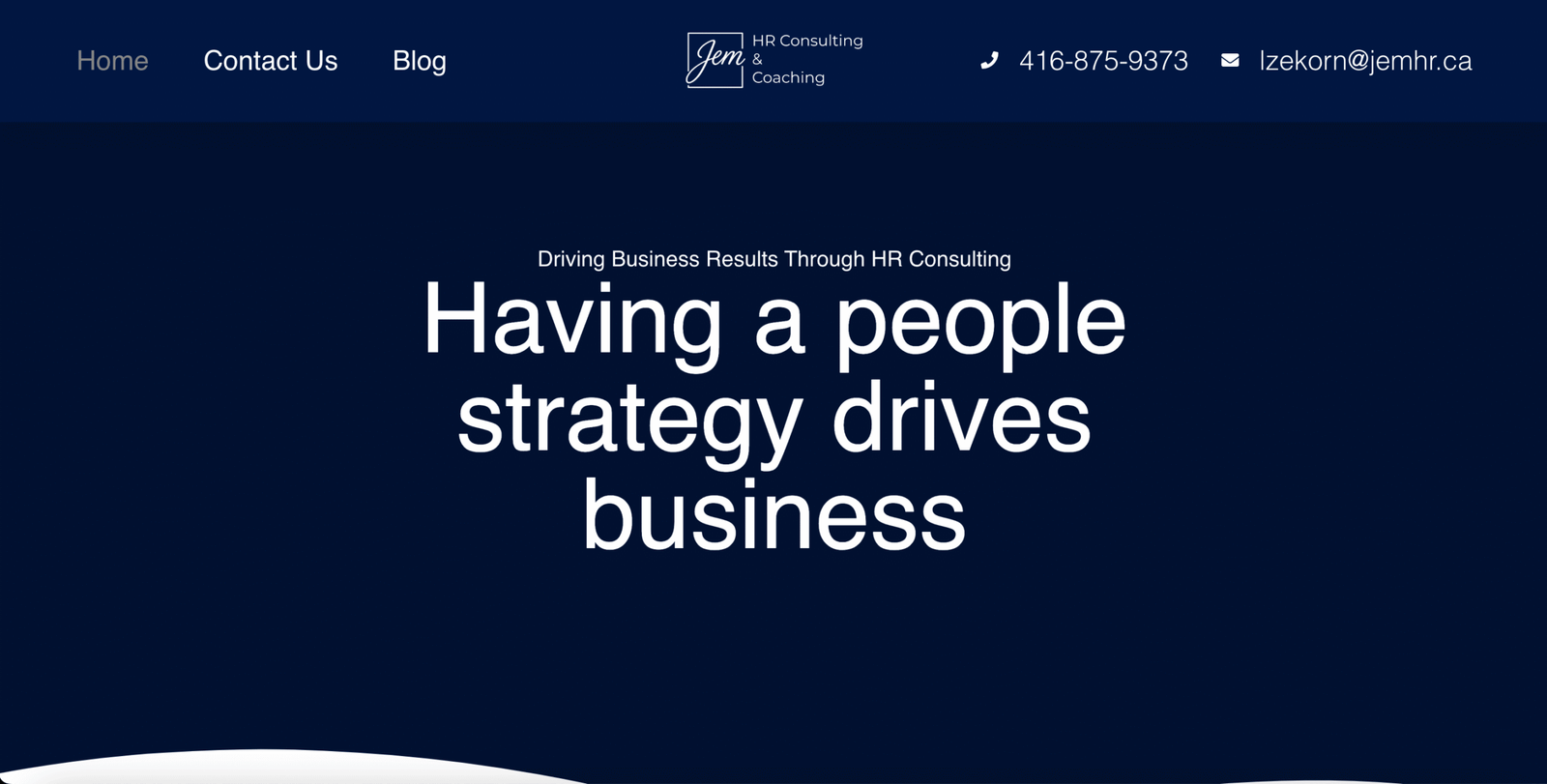 A website screenshot displaying the title 'Having a people strategy drives business' in bold white text on a dark blue background. The header includes navigation links and contact information, suggesting a focus on website design for HR consulting. Elevate Web website designer toronto