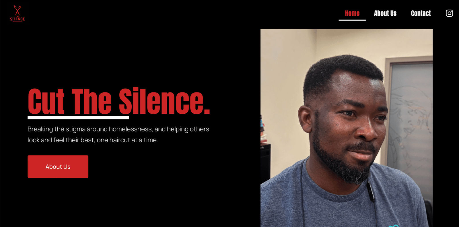 A close-up portrait of a man with short hair, looking to the side, in a modern barbershop setting. The background features a light wall and a door. This image relates to a website design focused on breaking the stigma around homelessness. Elevate Web website designer toronto